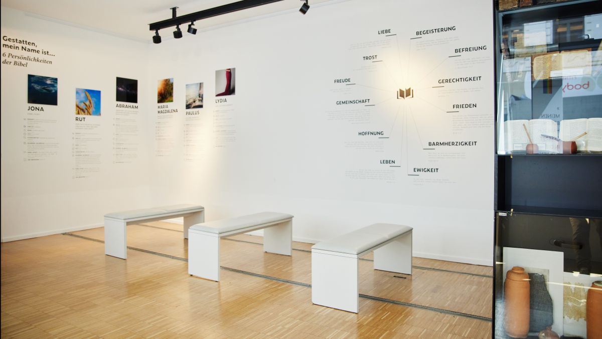 Blick in die Ausstellung und biblische Persönlichkeiten